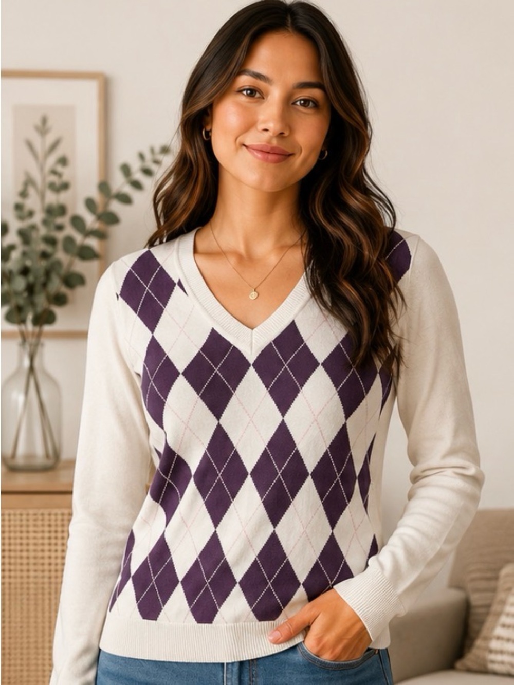 Tommy Hilfiger Pima Cotton Argyle V-Neck Sweater Small Y2K Preppy